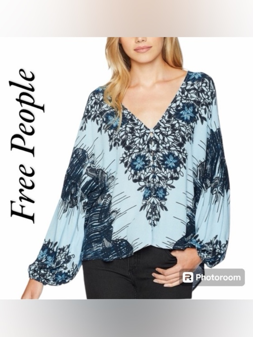 Free People Birds of a Feather Sky Blue & Navy Floral V-Neck Peasant Top